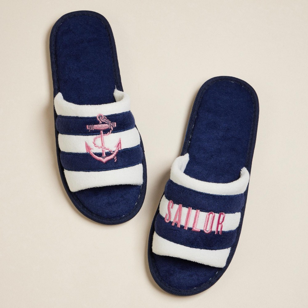 Terry Cloth "SAILOR" & Anchor Embroidered Poolside Slides (6-Pack) - Rubber Sole - Small (US 6-7), Medium (US 8-9), Large (US 10-11) - 50% Cotton, 50% Polyester view 4