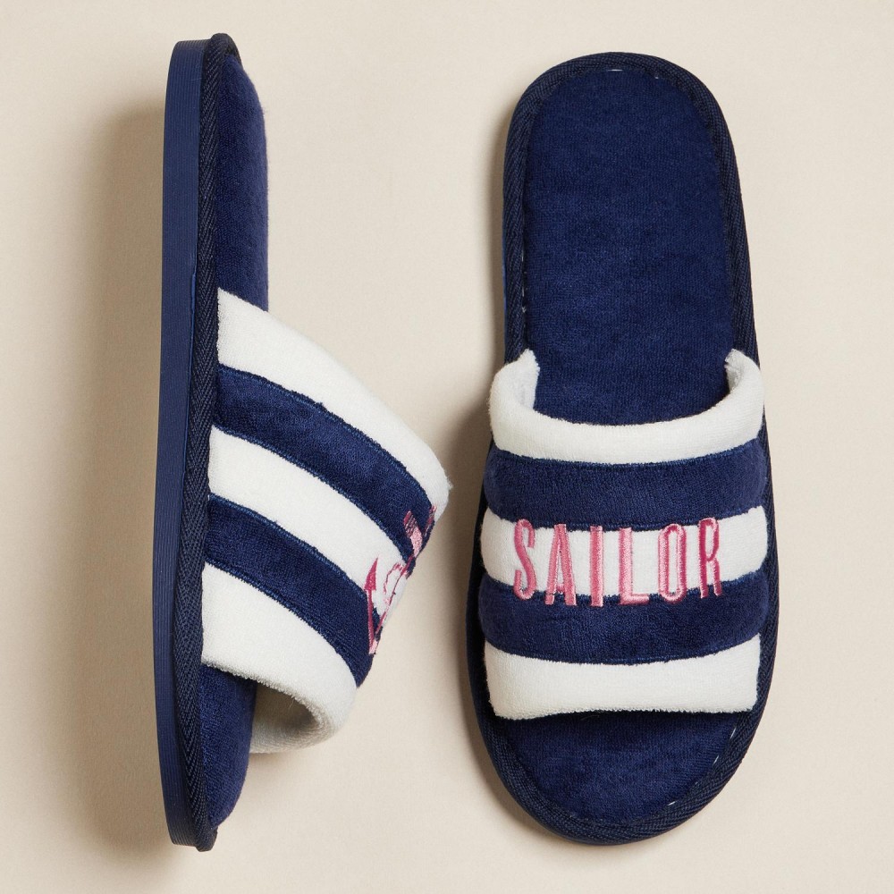 Terry Cloth "SAILOR" & Anchor Embroidered Poolside Slides (6-Pack) - Rubber Sole - Small (US 6-7), Medium (US 8-9), Large (US 10-11) - 50% Cotton, 50% Polyester view 6
