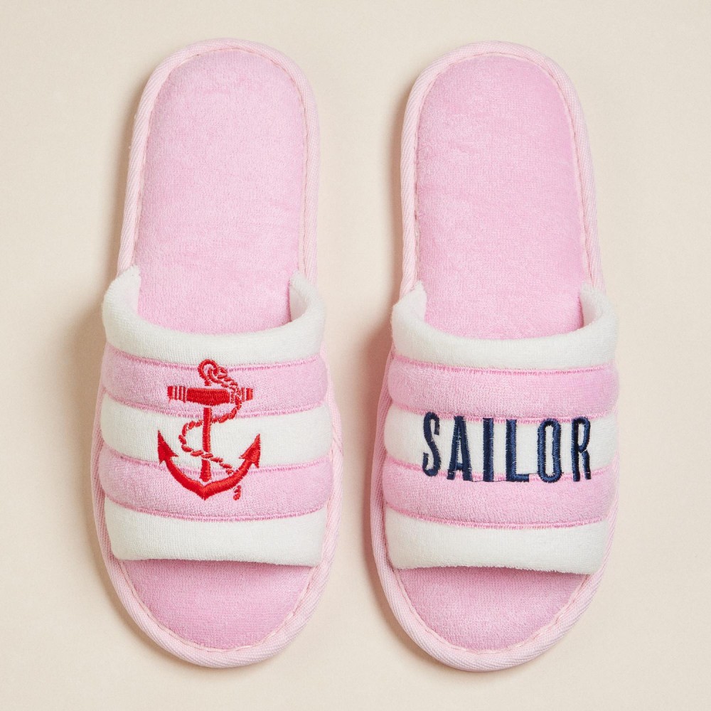 Terry Cloth "SAILOR" & Anchor Embroidered Poolside Slides (6-Pack) - Rubber Sole - Small (US 6-7), Medium (US 8-9), Large (US 10-11) - 50% Cotton, 50% Polyester view 2