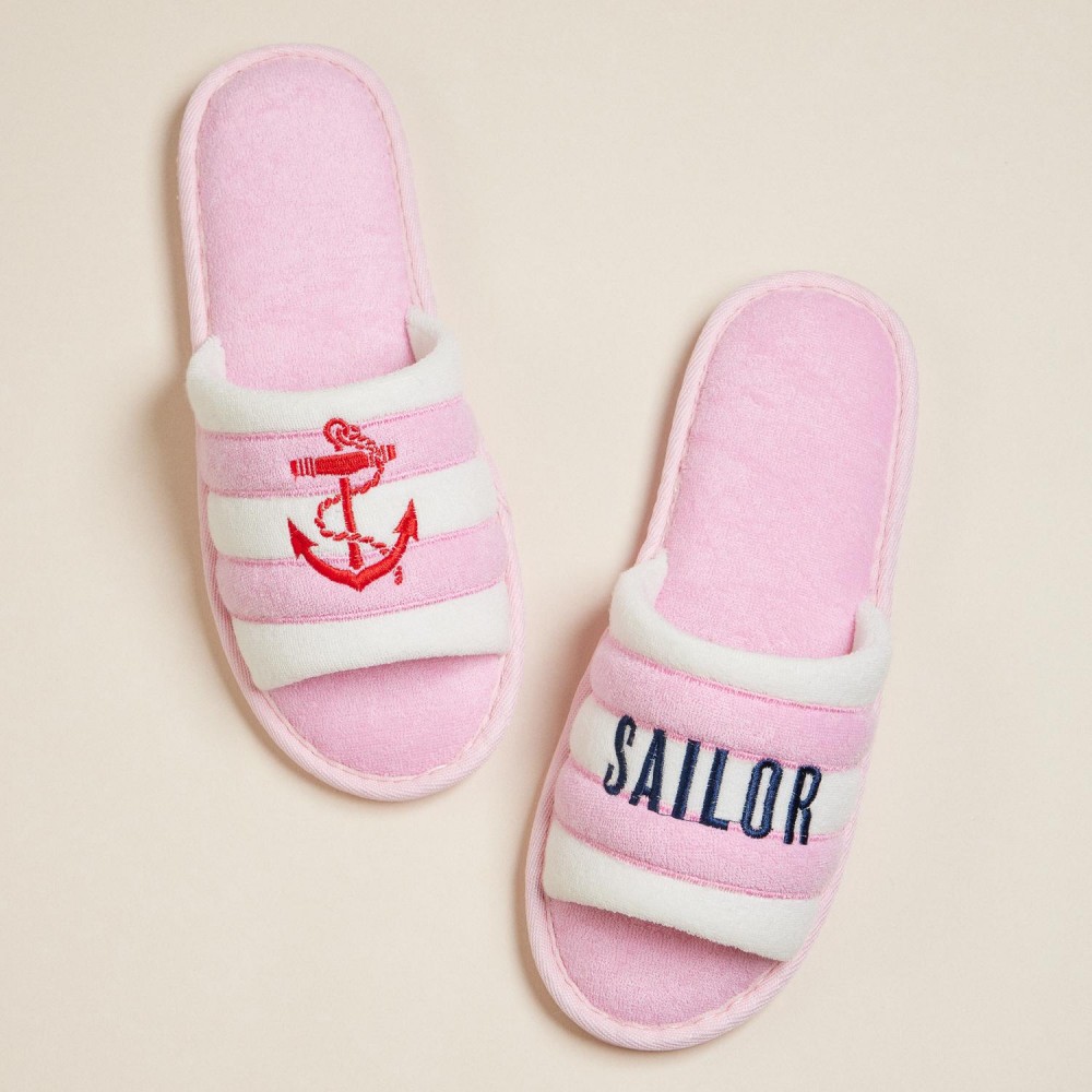 Terry Cloth "SAILOR" & Anchor Embroidered Poolside Slides (6-Pack) - Rubber Sole - Small (US 6-7), Medium (US 8-9), Large (US 10-11) - 50% Cotton, 50% Polyester view 4