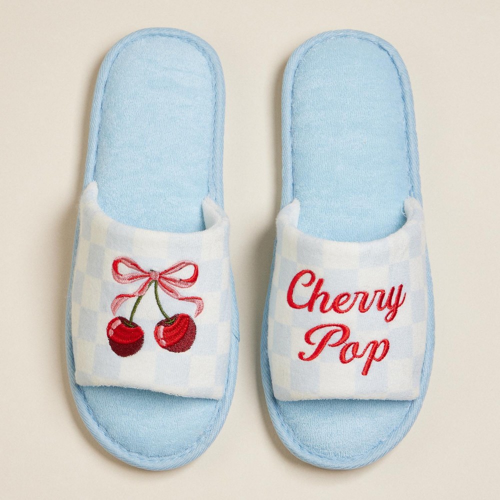 Terry Cloth Checker "Cherry Pop" & Bow Cherries Embroidered Poolside Slides (6-Pack) - Rubber Sole - Small (US 6-7), Medium (US 8-9), Large (US 10-11) - 50% Cotton, 50% Polyester view 2