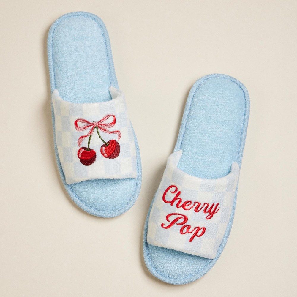 Terry Cloth Checker "Cherry Pop" & Bow Cherries Embroidered Poolside Slides (6-Pack) - Rubber Sole - Small (US 6-7), Medium (US 8-9), Large (US 10-11) - 50% Cotton, 50% Polyester view 4