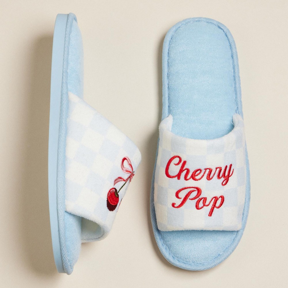 Terry Cloth Checker "Cherry Pop" & Bow Cherries Embroidered Poolside Slides (6-Pack) - Rubber Sole - Small (US 6-7), Medium (US 8-9), Large (US 10-11) - 50% Cotton, 50% Polyester view 6