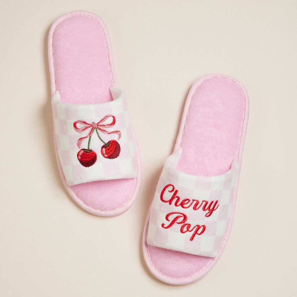 Terry Cloth Checker "Cherry Pop" & Bow Cherries Embroidered Poolside Slides (6-Pack) - Rubber Sole - Small (US 6-7), Medium (US 8-9), Large (US 10-11) - 50% Cotton, 50% Polyester view 4
