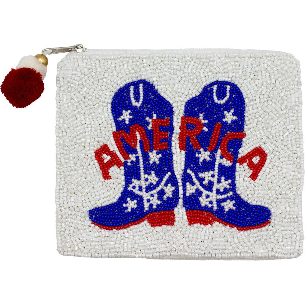 "AMERICA" Boots Seed Beaded Canvas Bag With Pom Pom Zipper - Fully Lined Inside - 100% Cotton Bag - Approximately 5.5" W X 4.5" L view 2