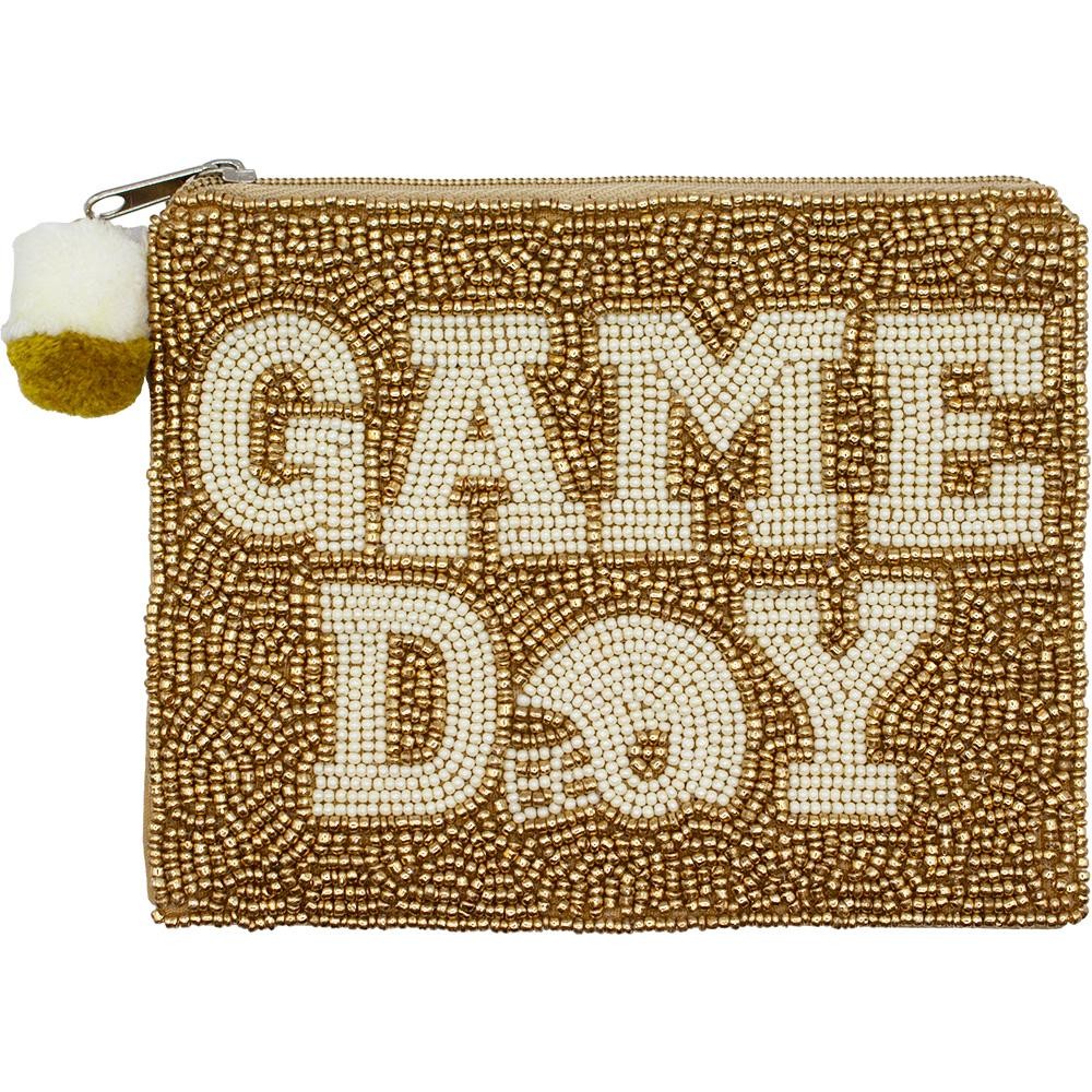 "GAME DAY" Seed Beaded Canvas Bag With Pom Pom Zipper - Fully Lined Inside - 100% Cotton Bag - Approximately 5.5" L X 4.5" T view 2