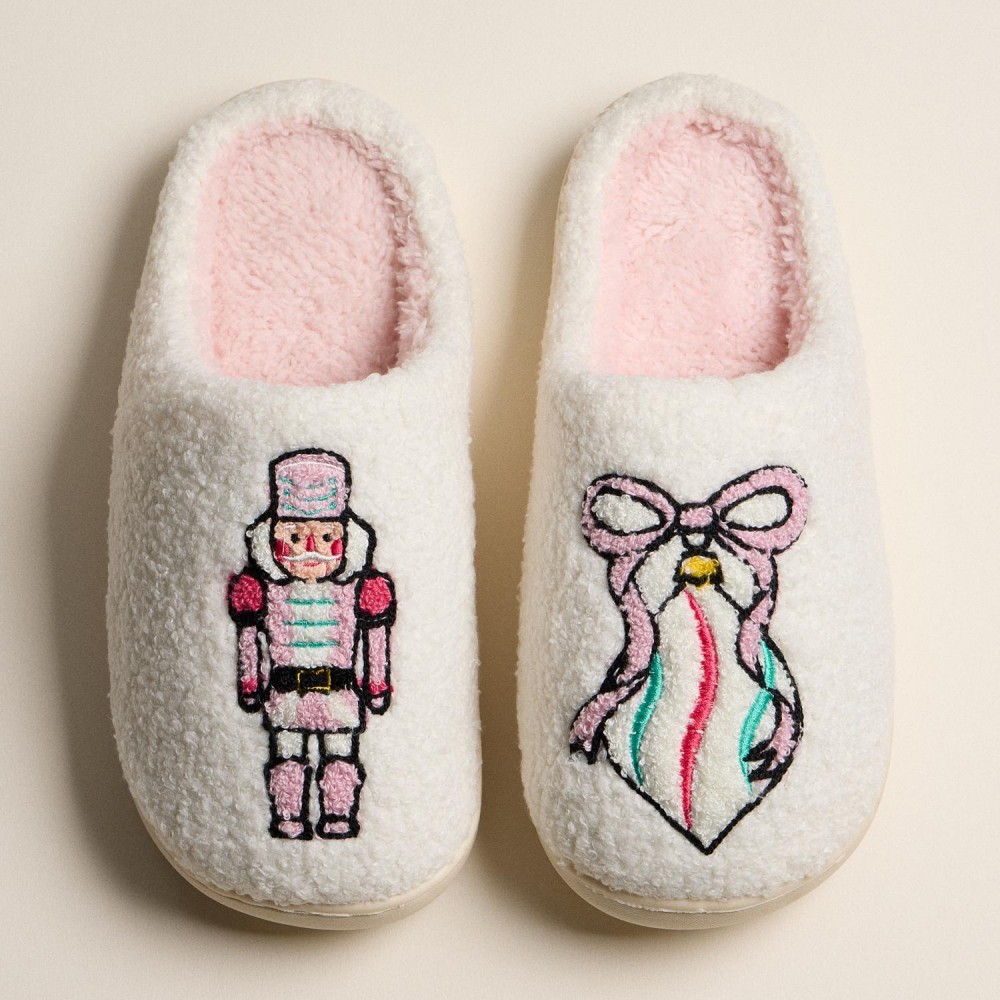 Fuzzy Holiday Slippers with Nutcracker and Ribbon Ornament (6-Pack) - Rubber Sole - Non-Slip - 100% Polyester view 2