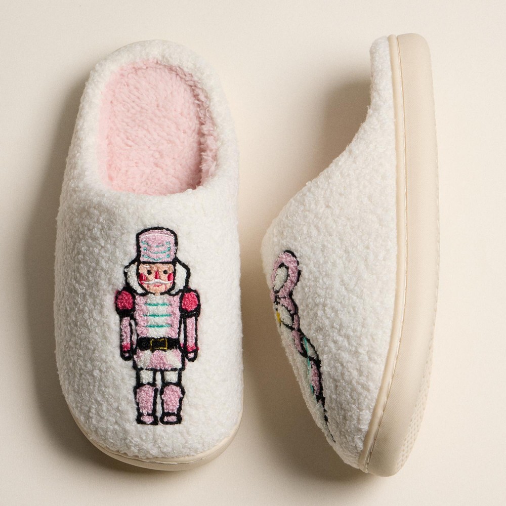 Fuzzy Holiday Slippers with Nutcracker and Ribbon Ornament (6-Pack) - Rubber Sole - Non-Slip - 100% Polyester view 4
