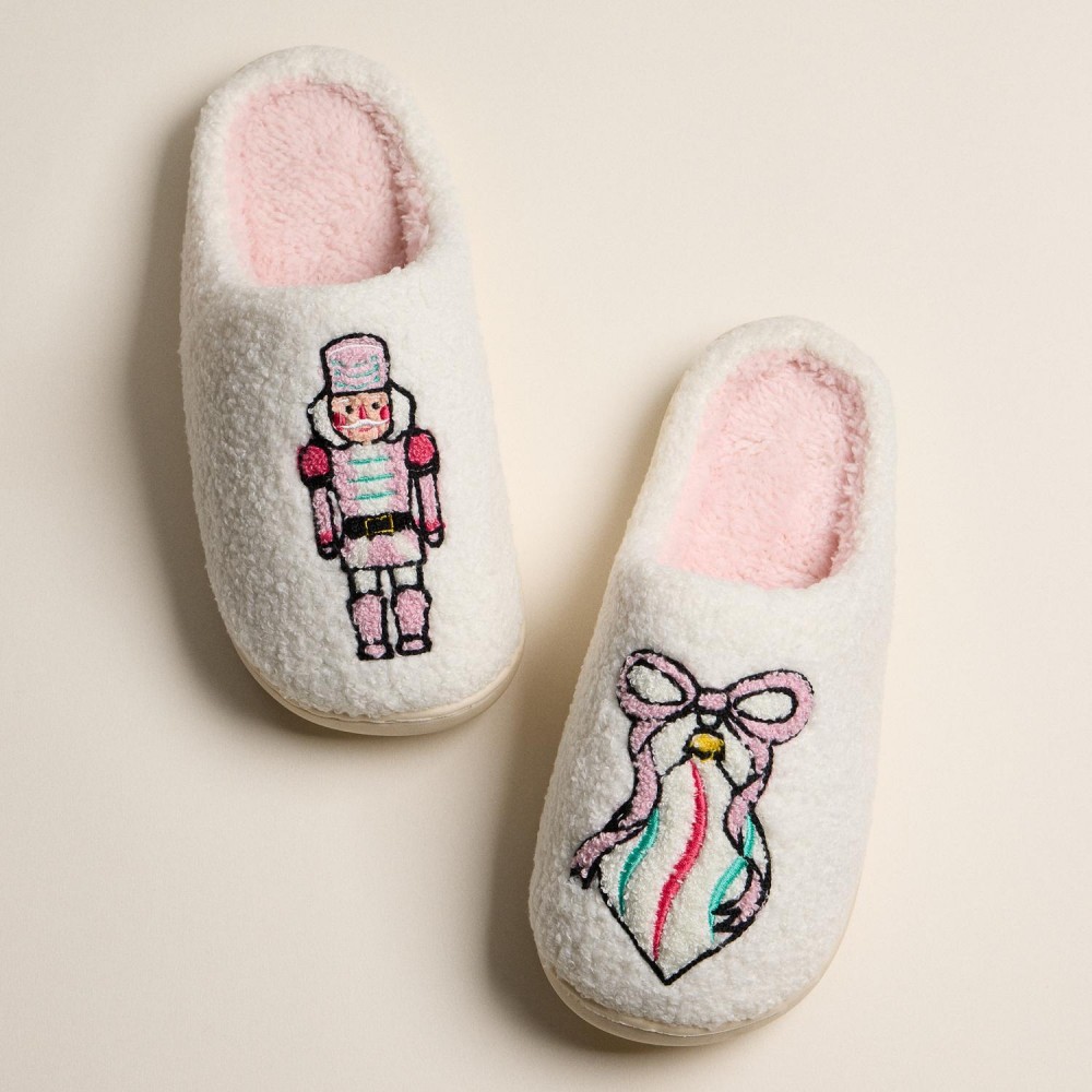 Fuzzy Holiday Slippers with Nutcracker and Ribbon Ornament (6-Pack) - Rubber Sole - Non-Slip - 100% Polyester view 6
