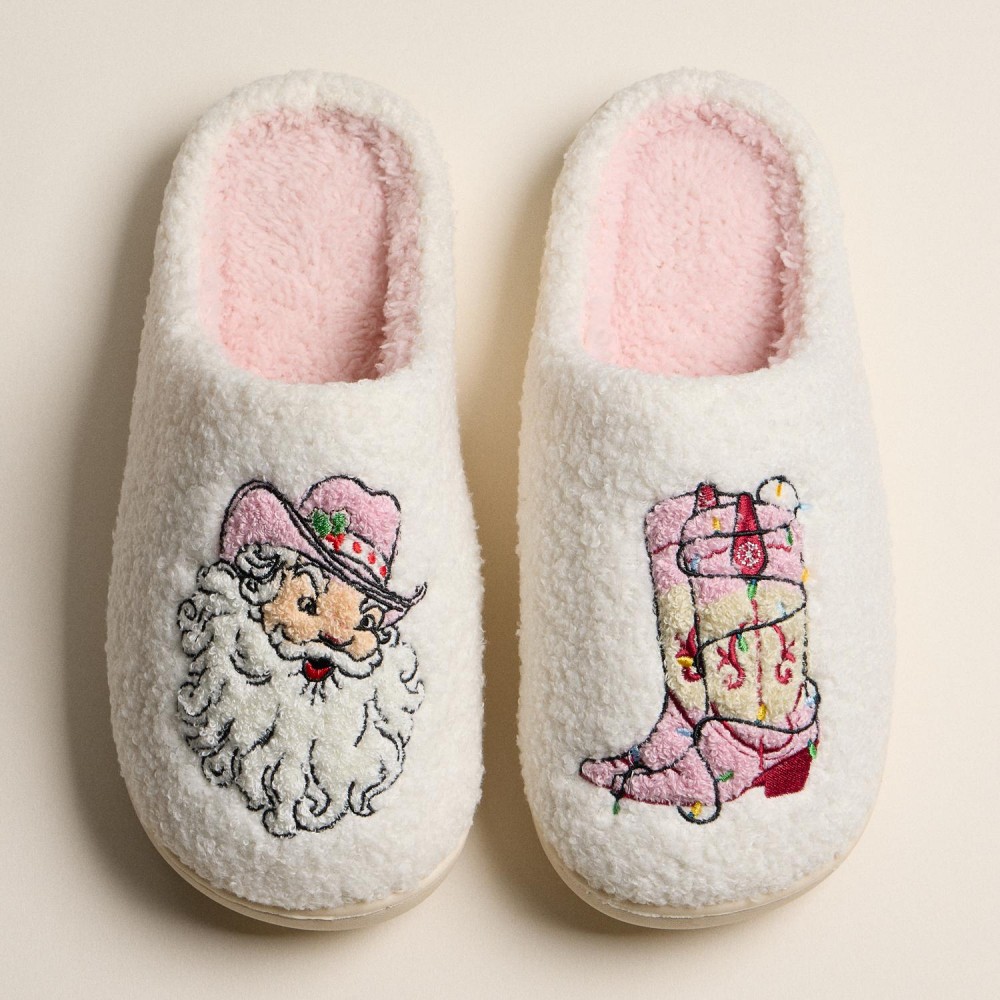 Fuzzy Holiday Slippers with Cowboy Santa and Boot Design (6-Pack) - Rubber Sole - Non-Slip view 2