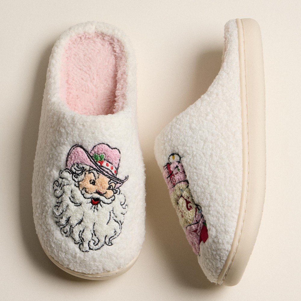 Fuzzy Holiday Slippers with Cowboy Santa and Boot Design (6-Pack) - Rubber Sole - Non-Slip view 4