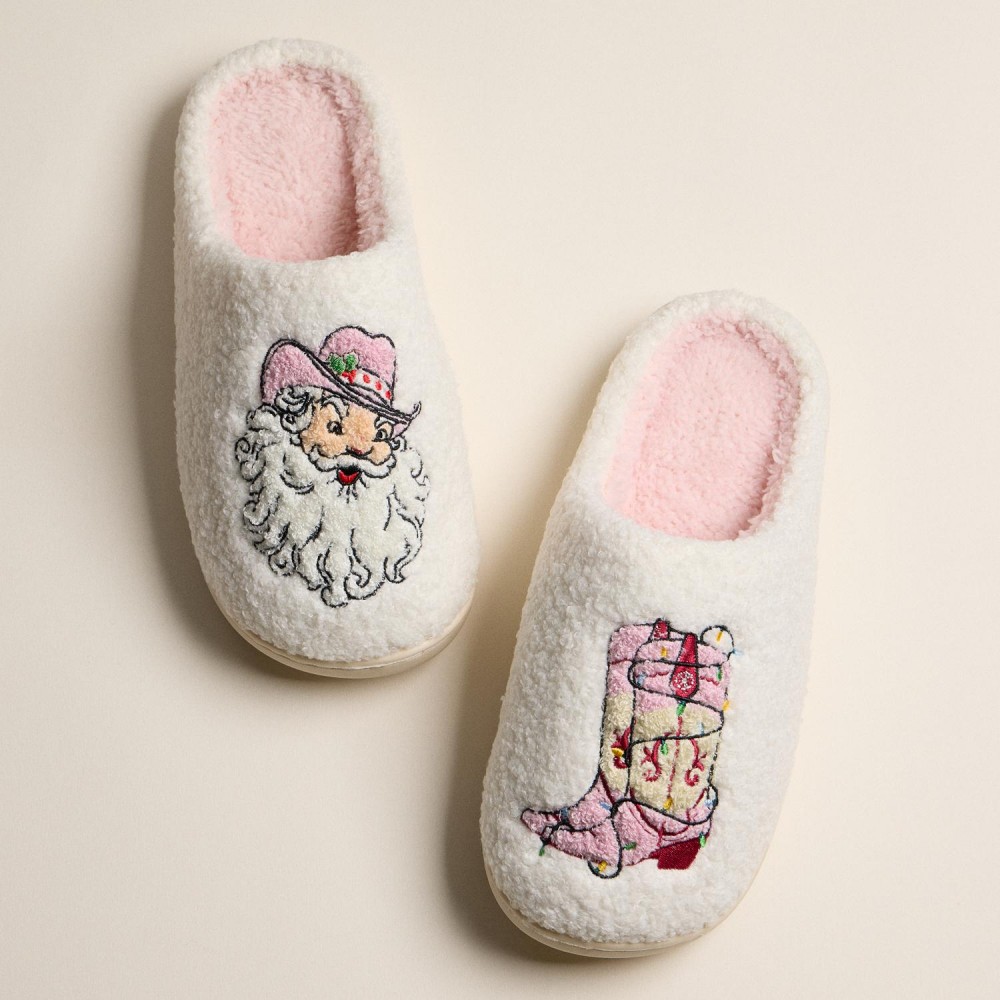 Fuzzy Holiday Slippers with Cowboy Santa and Boot Design (6-Pack) - Rubber Sole - Non-Slip view 6