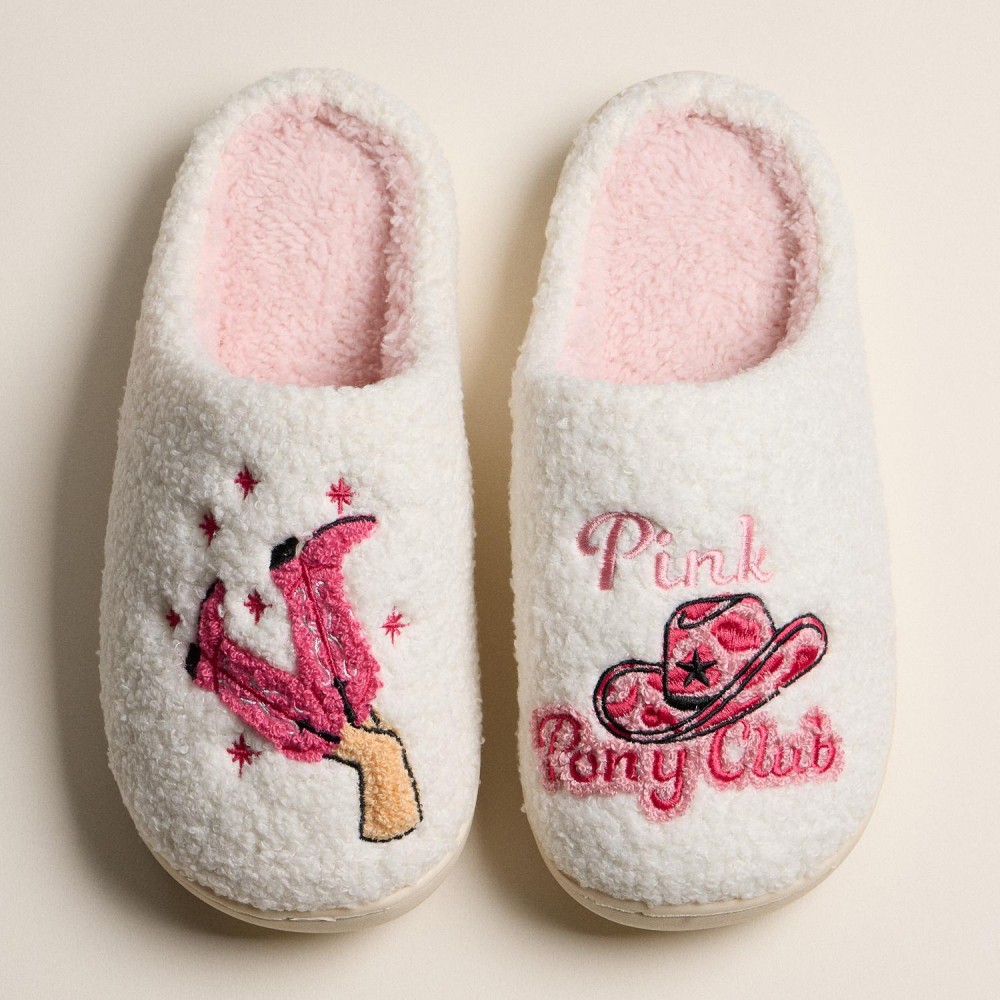 Fuzzy Slippers with Pink Pony Club and Boot Embroidery (6-Pack) - Rubber Sole - Non-Slip - 100% Polyester view 2
