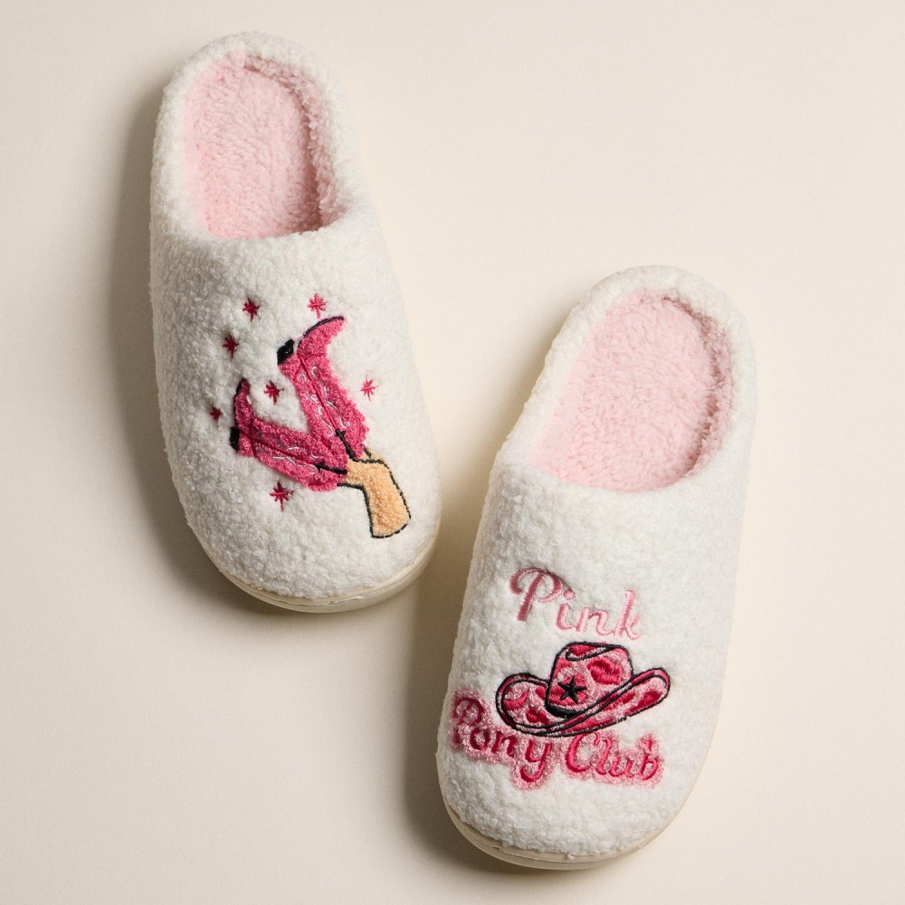 Fuzzy Slippers with Pink Pony Club and Boot Embroidery (6-Pack) - Rubber Sole - Non-Slip - 100% Polyester view 6