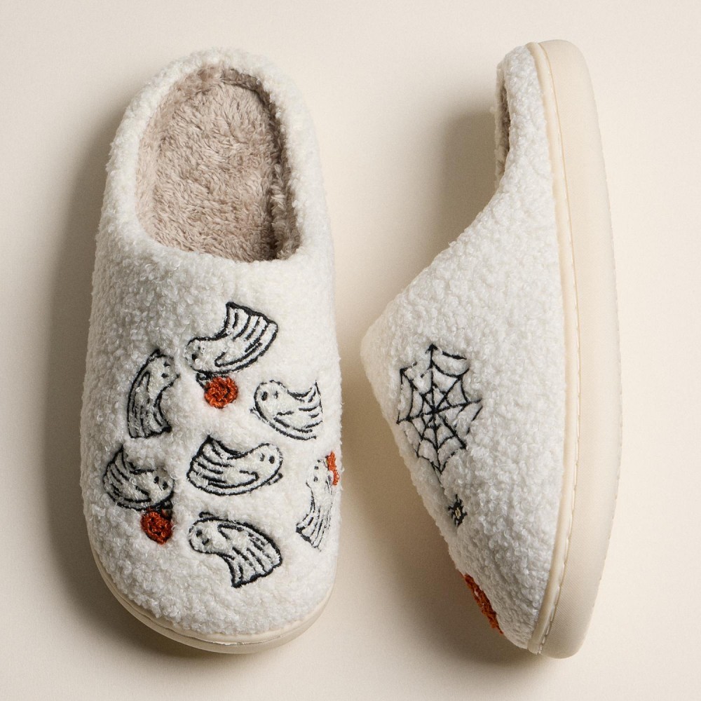 Fuzzy Halloween Slippers with Ghosts and Spider Web (6-Pack) - Rubber Sole - Non-Slip view 4