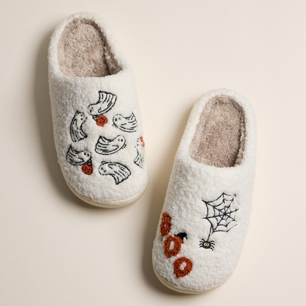 Fuzzy Halloween Slippers with Ghosts and Spider Web (6-Pack) - Rubber Sole - Non-Slip view 6
