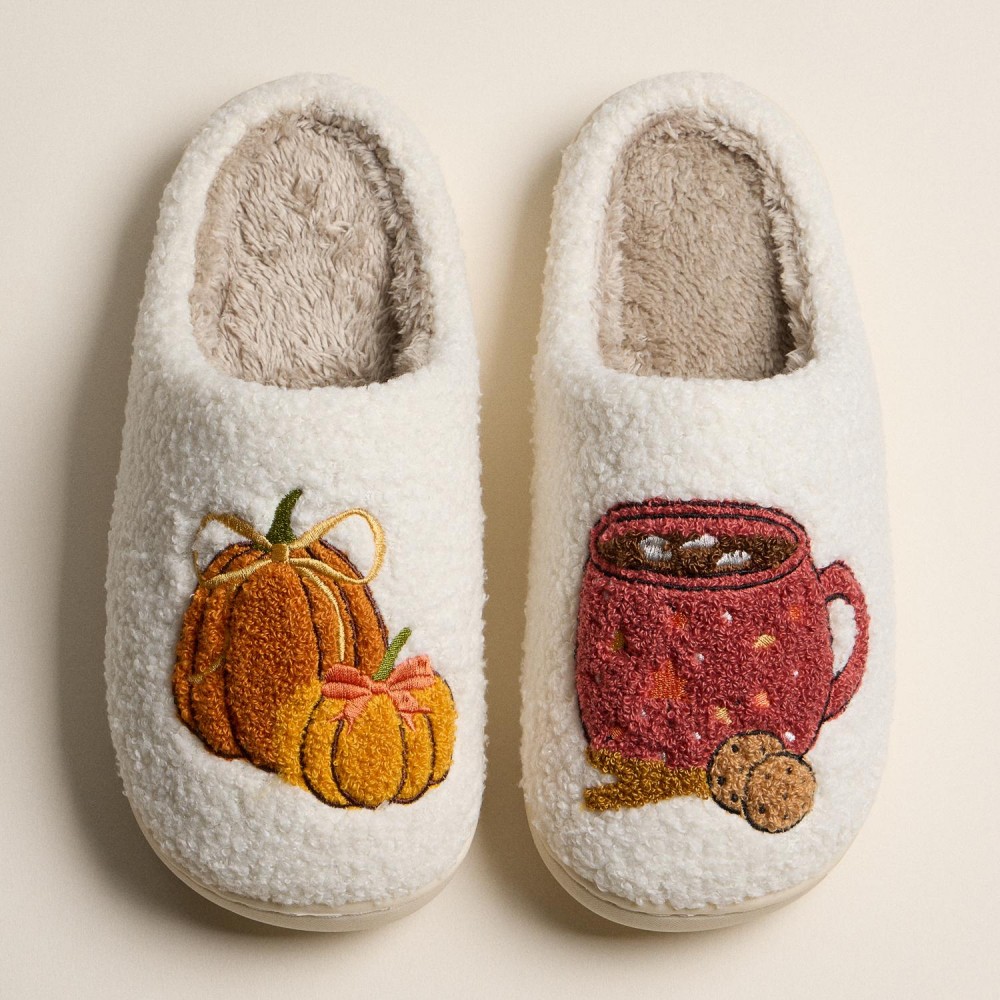 Fuzzy Holiday Slippers with Pumpkins and Brewed Cup Design (6-Pack) - Rubber Sole - Non-Slip view 2