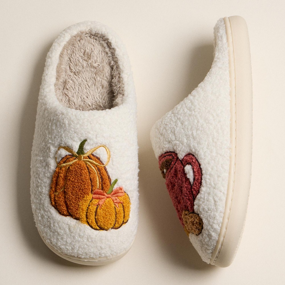 Fuzzy Holiday Slippers with Pumpkins and Brewed Cup Design (6-Pack) - Rubber Sole - Non-Slip view 4