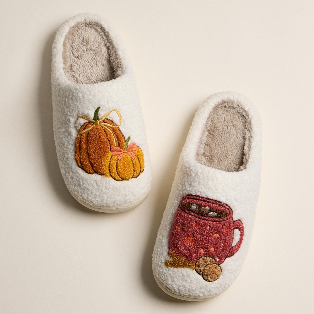 Fuzzy Holiday Slippers with Pumpkins and Brewed Cup Design (6-Pack) - Rubber Sole - Non-Slip view 6