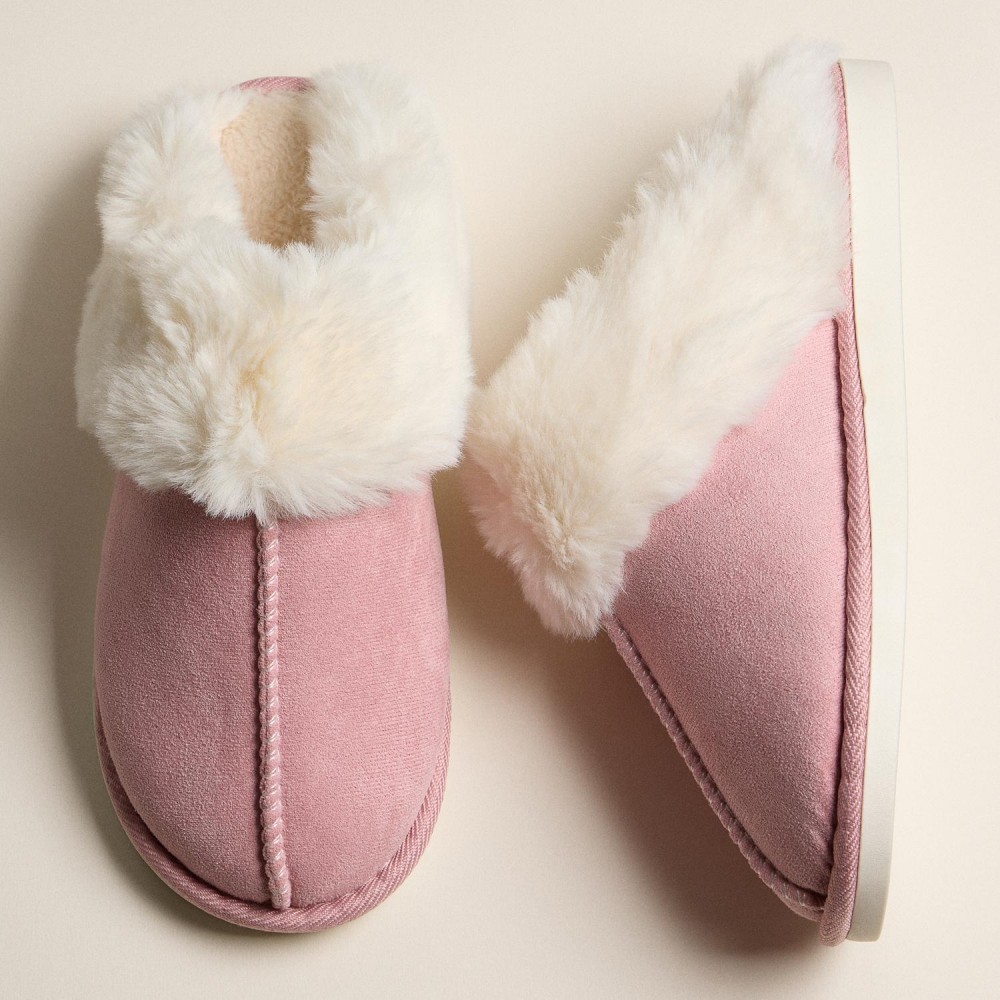 Platform Sherpa Slippers with Suede Finish And Faux Fur Collar (6-Pack) - Durable platform rubber sole - Non- Slip view 4