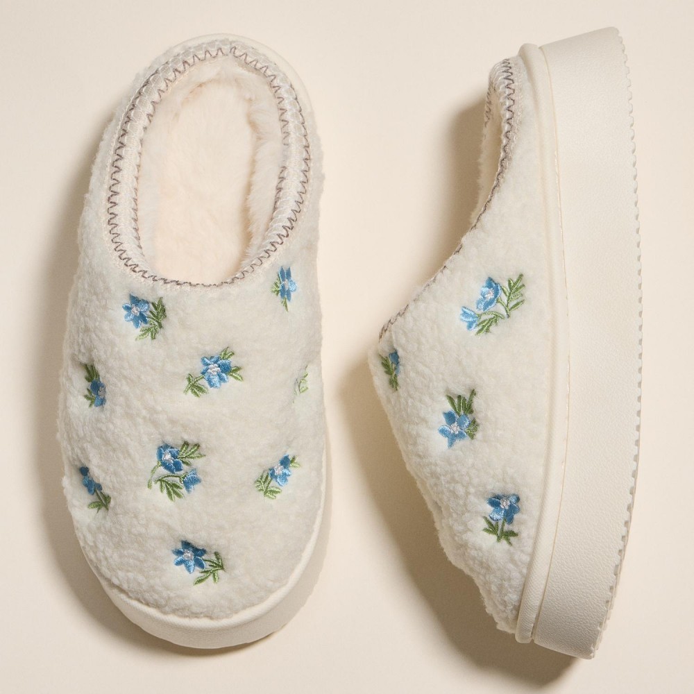 Fleece-Lined Floral Slippers with Embroidered Detail (6-Packs) - Non-slip - Cushioned Rubber Sole view 4
