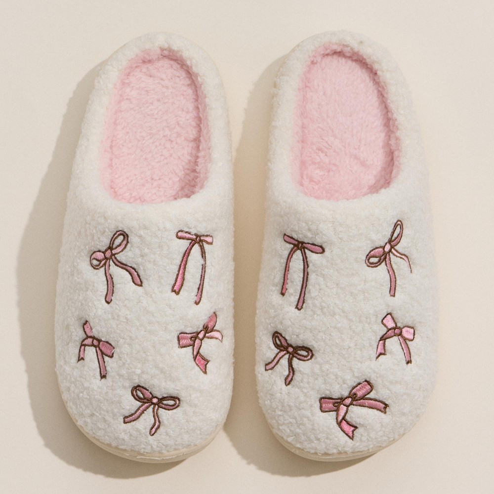 Cozy Bow Embroidered Plush Slippers (6-Pack) - Rubber Sole - Non-Slip - 100% Polyester view 2