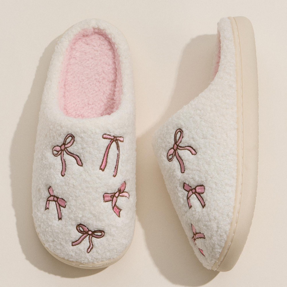 Cozy Bow Embroidered Plush Slippers (6-Pack) - Rubber Sole - Non-Slip - 100% Polyester view 4
