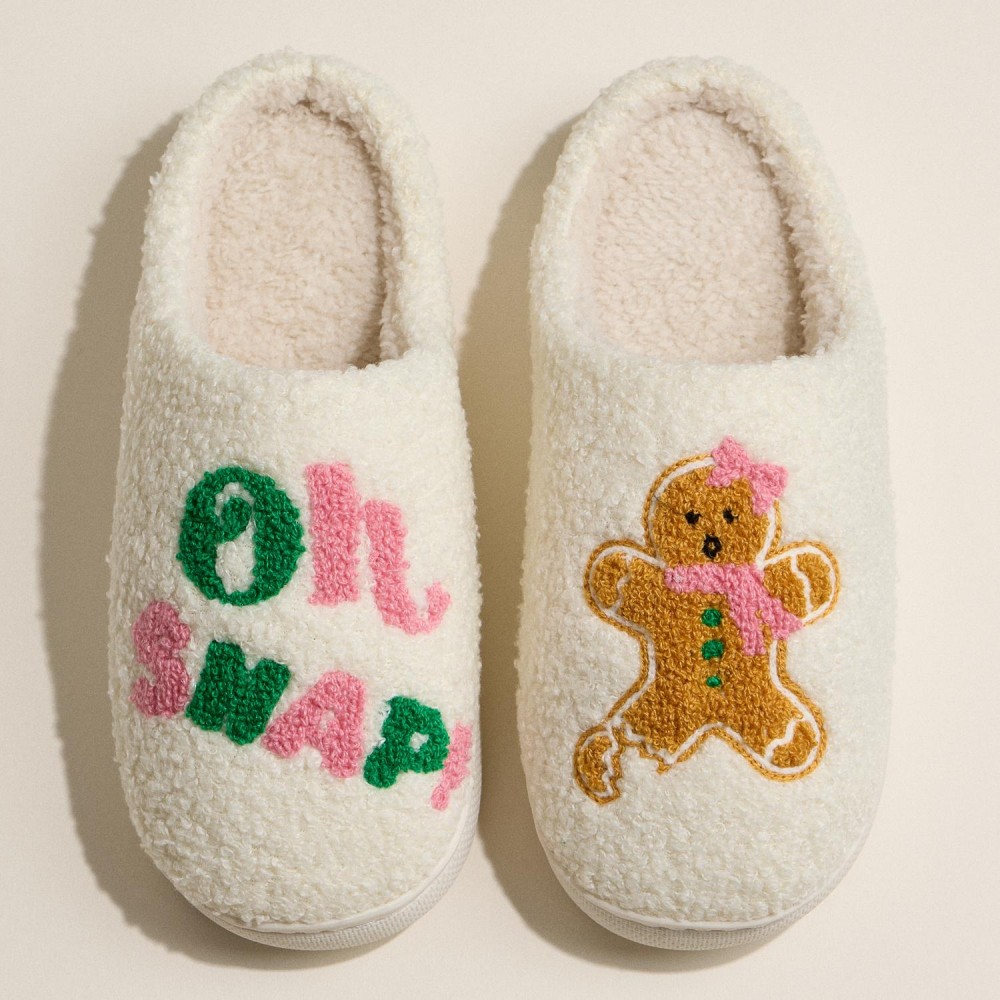 "Oh SNAP" Gingerbread Embroidered Slippers (6-Pack) - Rubber Bottom - Non-Slip view 2