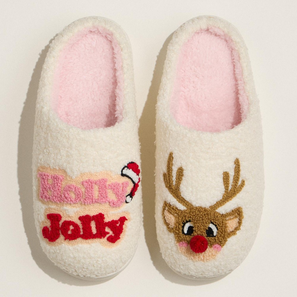 "Holly Jolly" Reindeer Embroidered Slippers (6-Pack) - Rubber Bottom - Non-Slip view 2