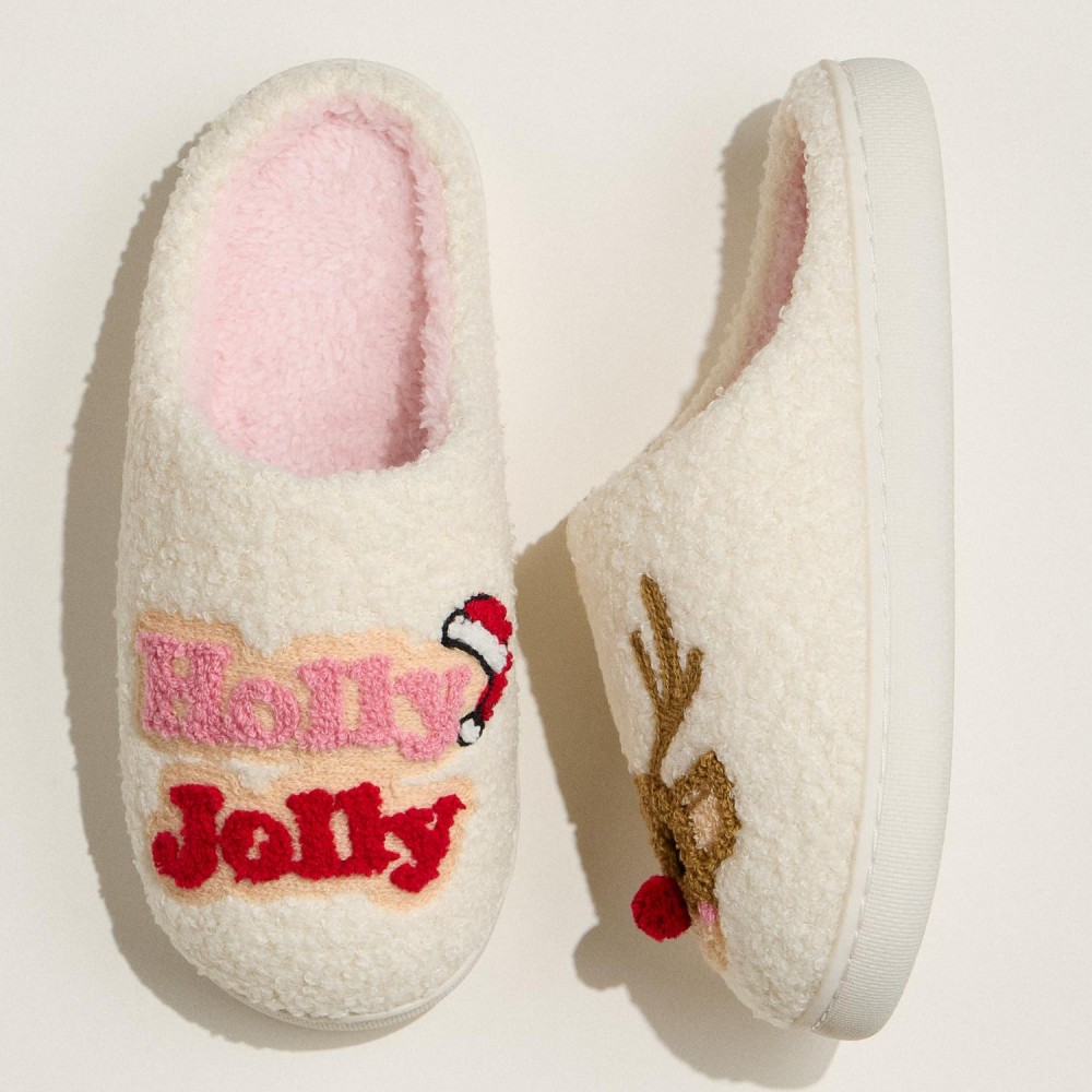 "Holly Jolly" Reindeer Embroidered Slippers (6-Pack) - Rubber Bottom - Non-Slip view 4