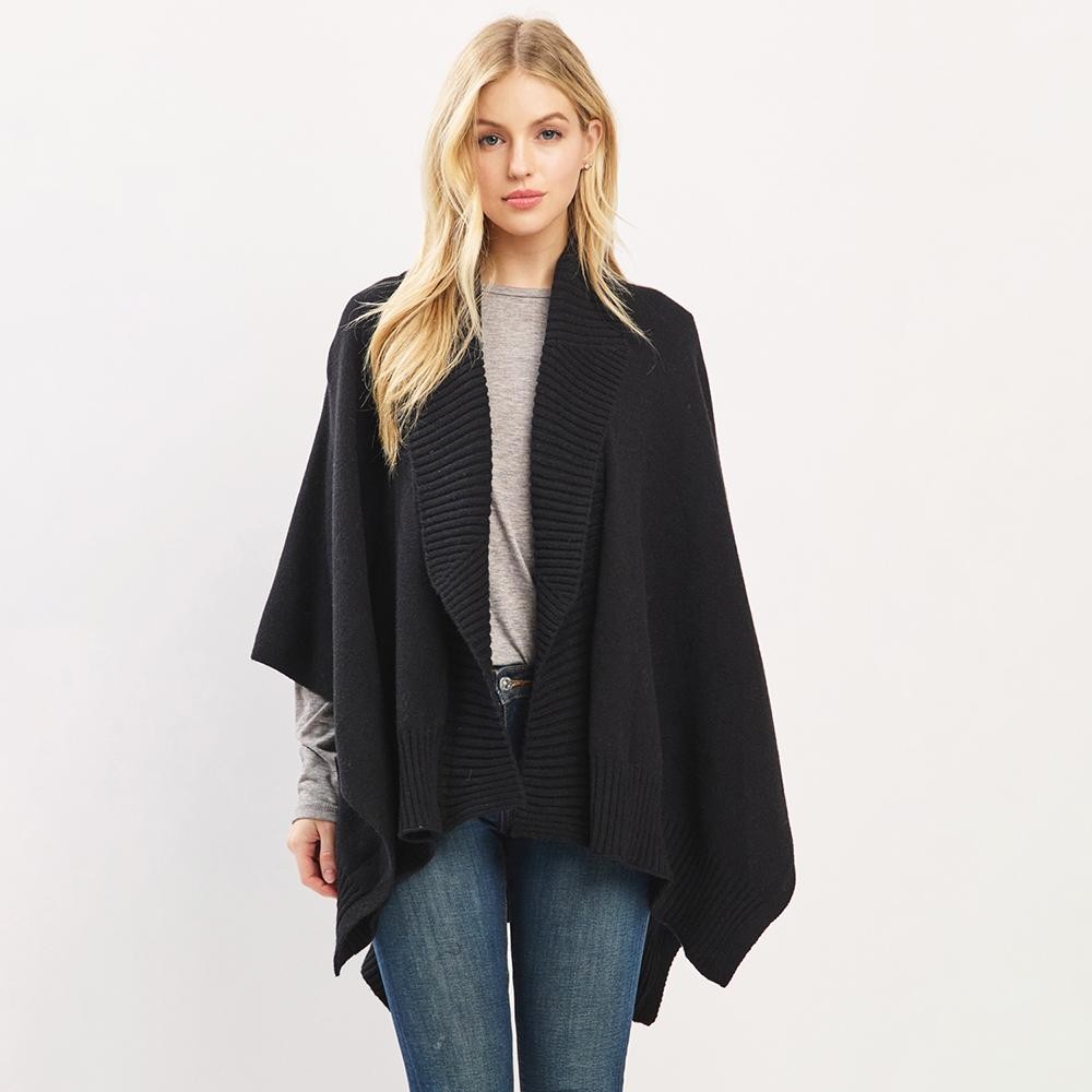Soft Knit Shawl With Ribbed Trim - One Size - 50% Acrylic / 32% Polyester / 18% Spandex view 2