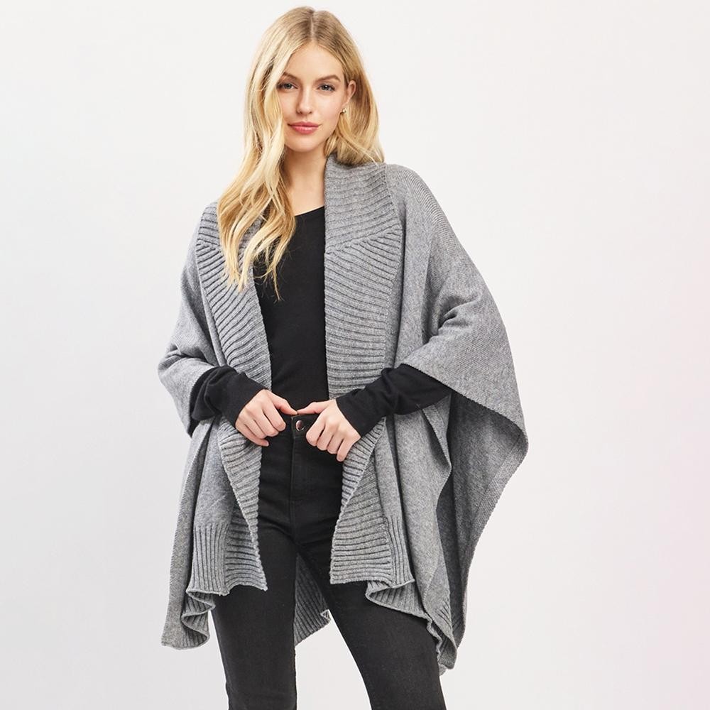 Soft Knit Shawl With Ribbed Trim - One Size - 50% Acrylic / 32% Polyester / 18% Spandex view 2
