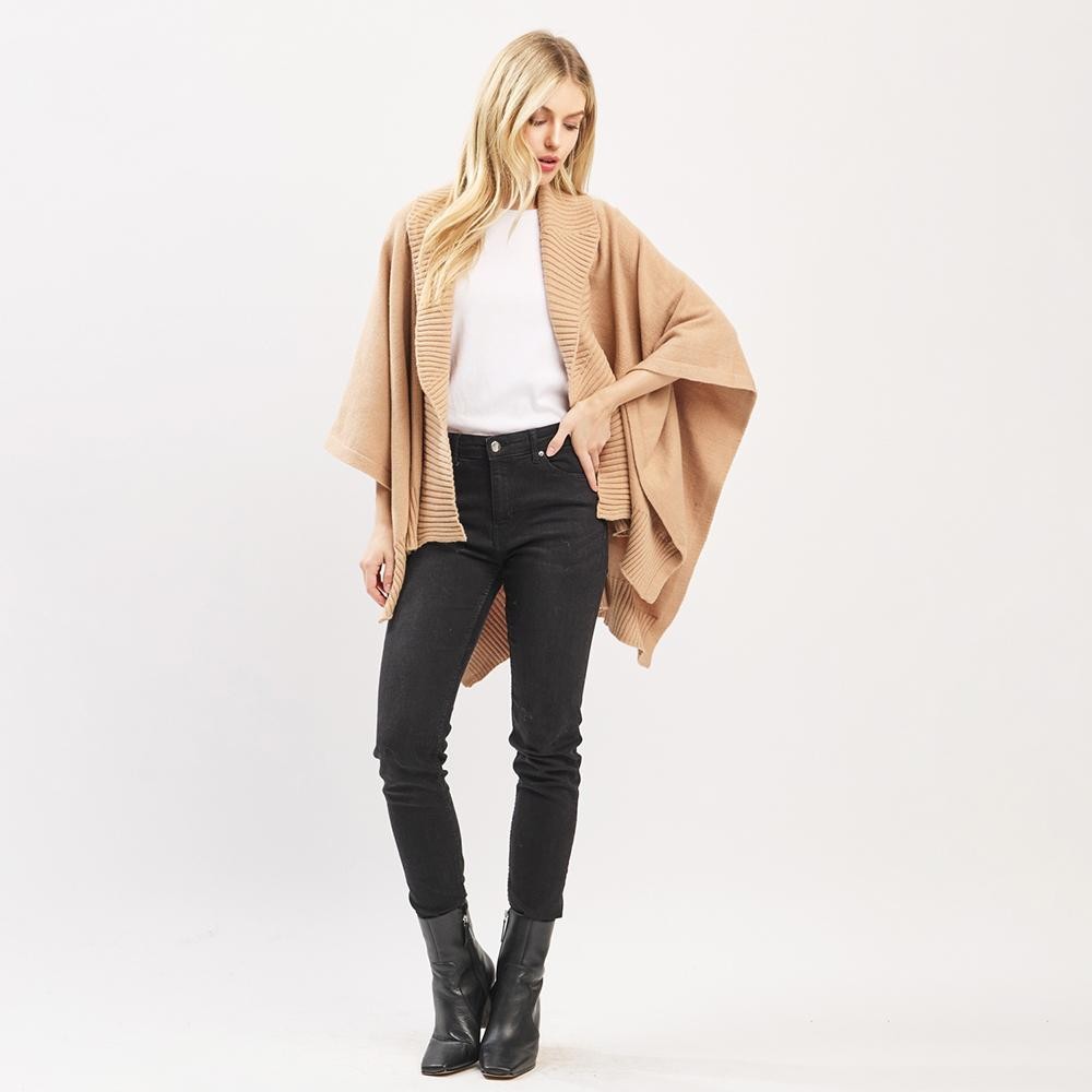 Soft Knit Shawl With Ribbed Trim - One Size - 50% Acrylic / 32% Polyester / 18% Spandex view 4