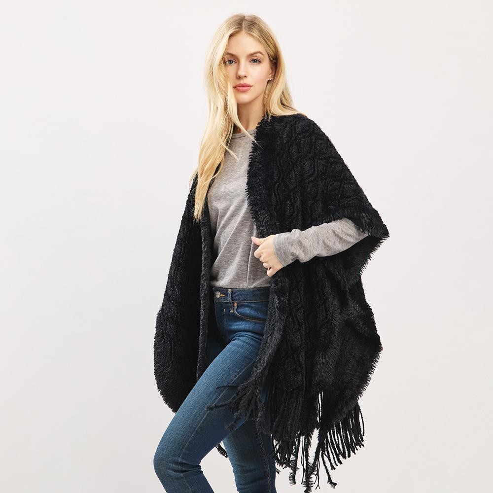 Boucle Knit Shawl With Fringe Detail - One Size Fits Most (0-14) - 100% Polyester view 4