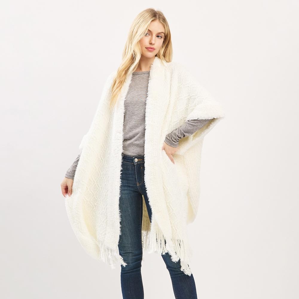 Boucle Knit Shawl With Fringe Detail - One Size Fits Most (0-14) - 100% Polyester view 2