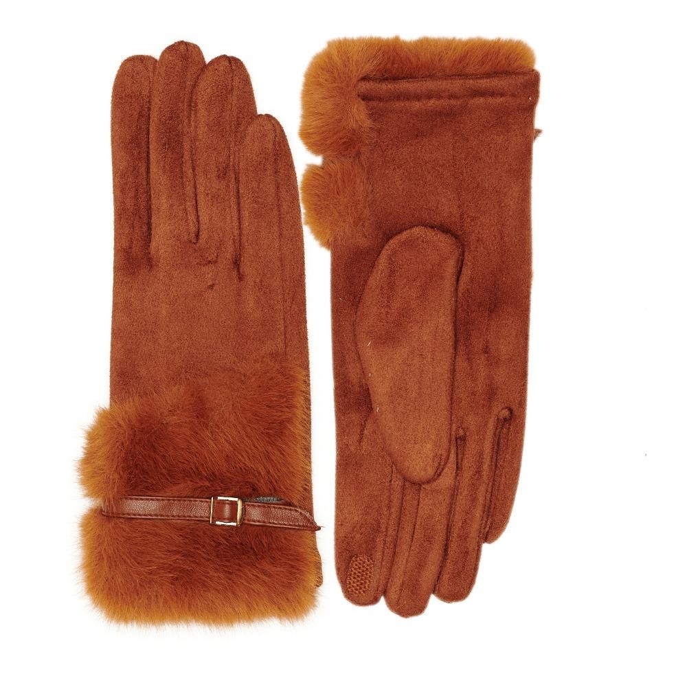 Faux Fur & Suede Gloves With Vegan Leather Strap Detail - Touch Screen Compatible - Fleece Lining - One Size Fits Most - 100% Polyester view 2