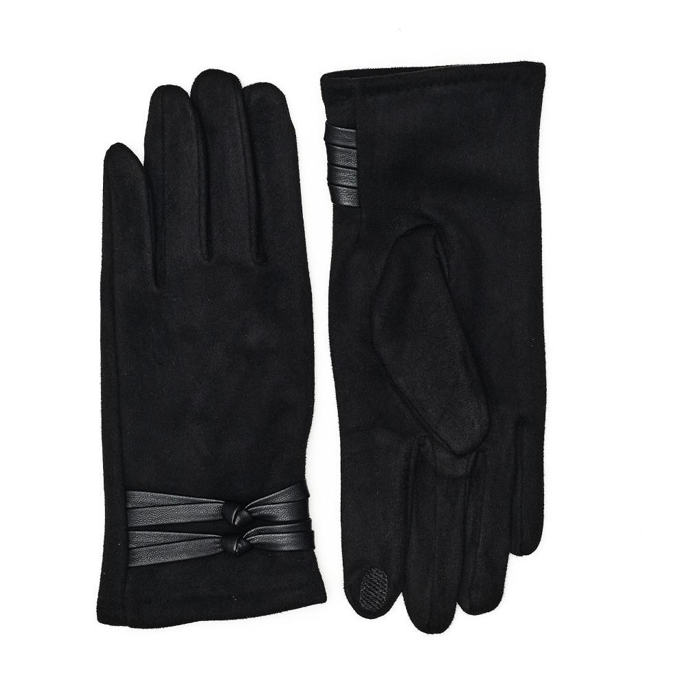 Faux Suede Gloves With Vegan Leather Knotted Strap Detail - Touch Screen Compatible - Fleece Lining - One Size Fits Most - 100% Polyester view 2