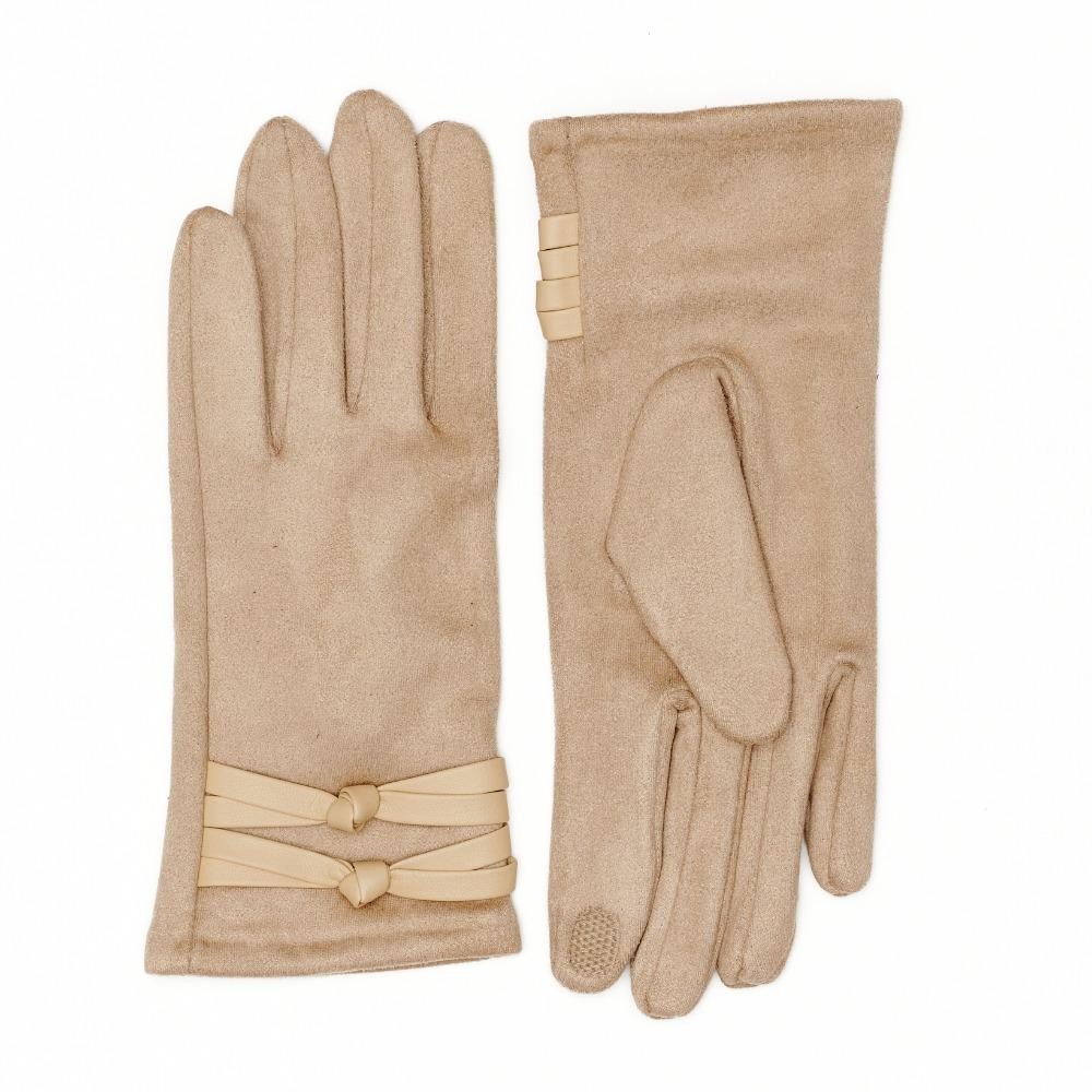Faux Suede Gloves With Vegan Leather Knotted Strap Detail - Touch Screen Compatible - Fleece Lining - One Size Fits Most - 100% Polyester view 2