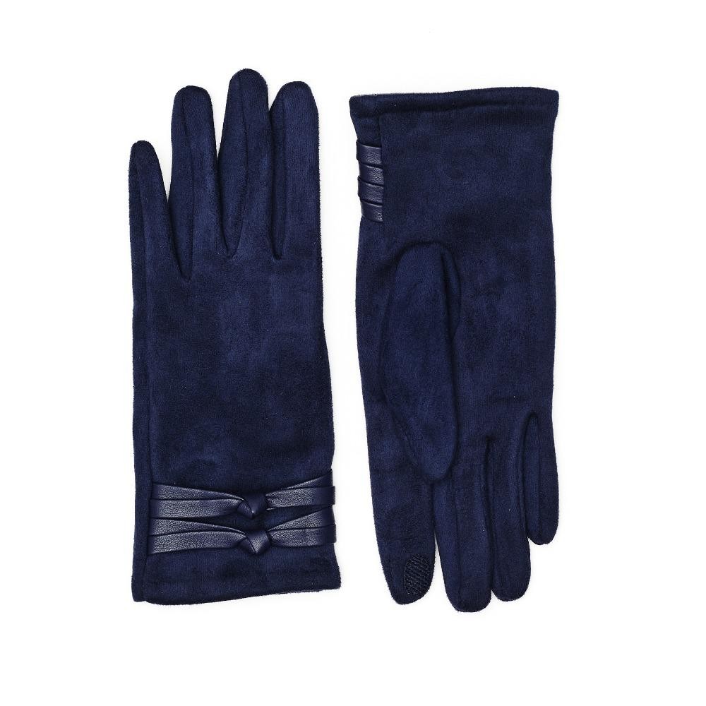 Faux Suede Gloves With Vegan Leather Knotted Strap Detail - Touch Screen Compatible - Fleece Lining - One Size Fits Most - 100% Polyester view 2