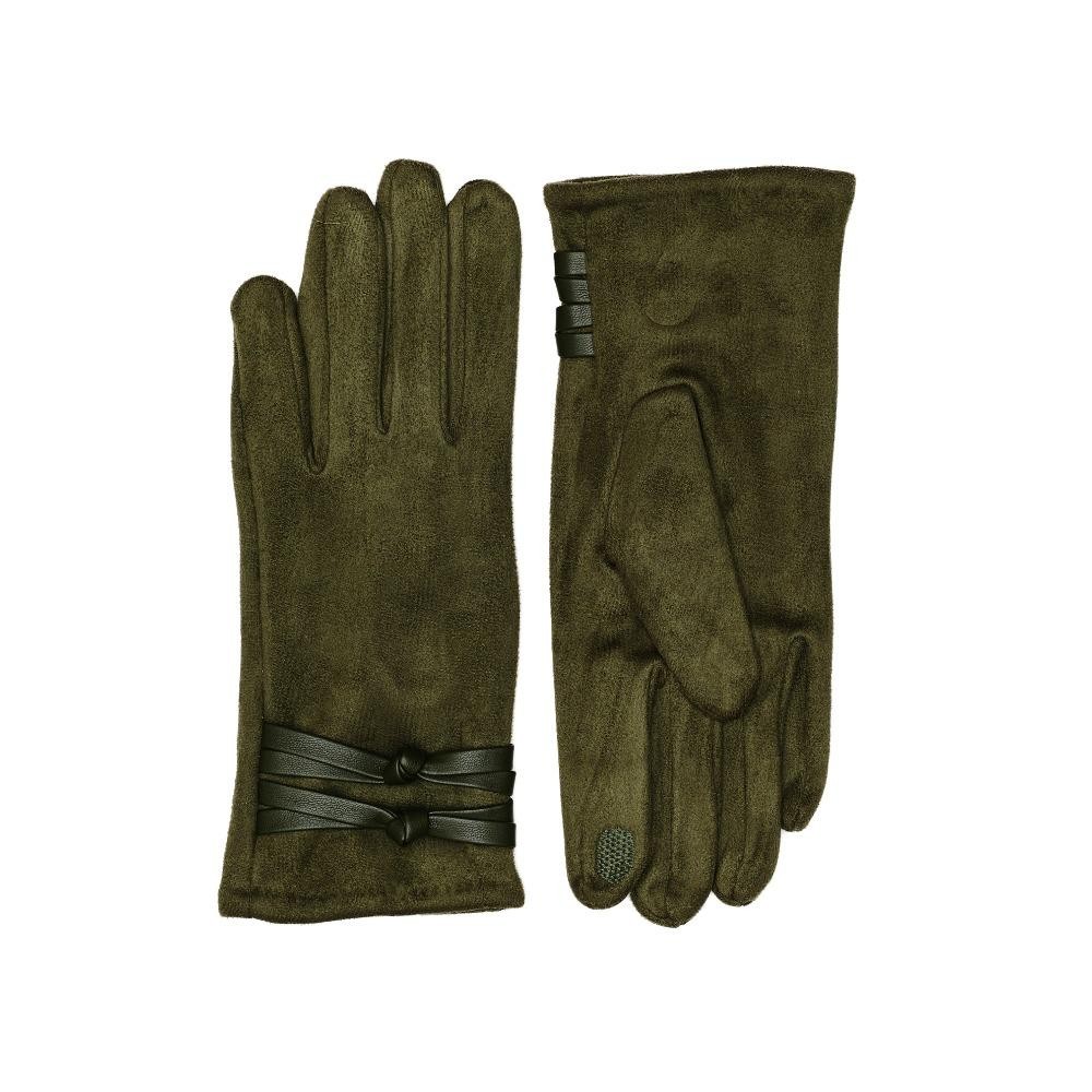 Faux Suede Gloves With Vegan Leather Knotted Strap Detail - Touch Screen Compatible - Fleece Lining - One Size Fits Most - 100% Polyester view 2