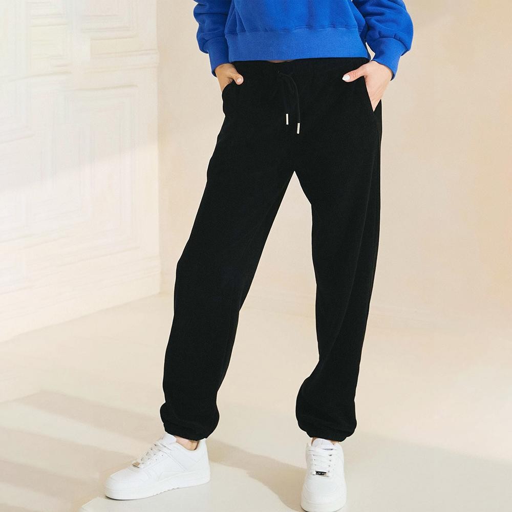 Women’s Corduroy Jogger Pants - Stretch Knit Corduroy Fabric - Two Pockets on the Side - Elastic Waist with Drawstring - Ribbed - Pull up style - Imported - 98% polyester 2% spandex view 2
