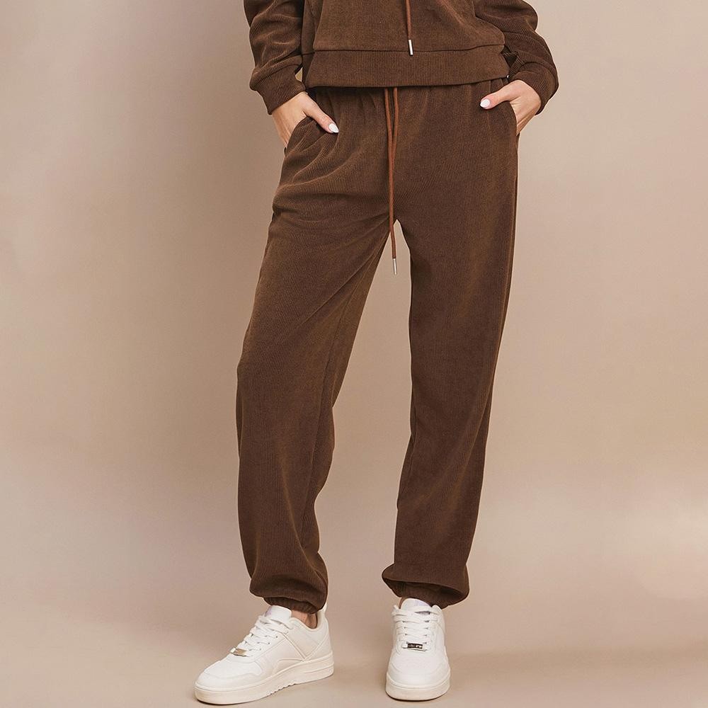 Women’s Corduroy Jogger Pants - Stretch Knit Corduroy Fabric - Two Pockets on the Side - Elastic Waist with Drawstring - Ribbed - Pull up style - Imported - 98% polyester 2% spandex view 2