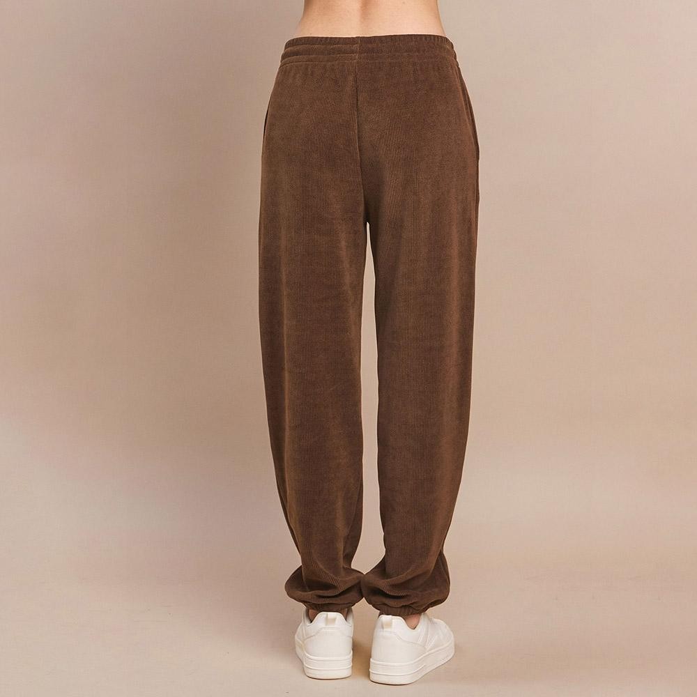 Women’s Corduroy Jogger Pants - Stretch Knit Corduroy Fabric - Two Pockets on the Side - Elastic Waist with Drawstring - Ribbed - Pull up style - Imported - 98% polyester 2% spandex view 6