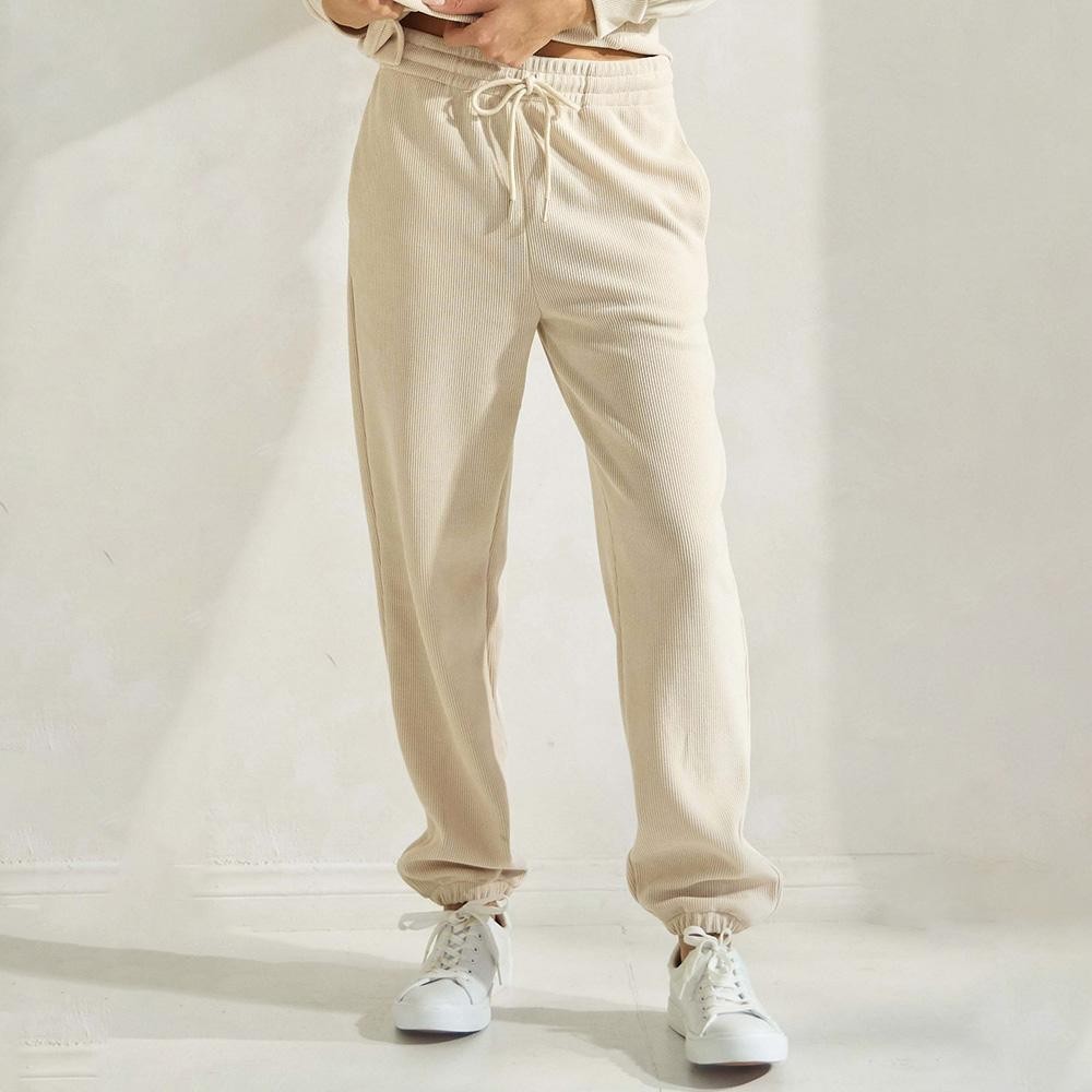 Women’s Corduroy Jogger Pants - Stretch Knit Corduroy Fabric - Two Pockets on the Side - Elastic Waist with Drawstring - Ribbed - Pull up style - Imported - 98% polyester 2% spandex view 2
