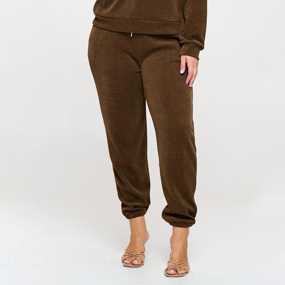 Women’s Corduroy Jogger Pants - Stretch Knit Corduroy Fabric - Two Pockets on the Side - Elastic Waist with Drawstring - Ribbed - Pull up style - Imported - 98% polyester 2% spandex view 2