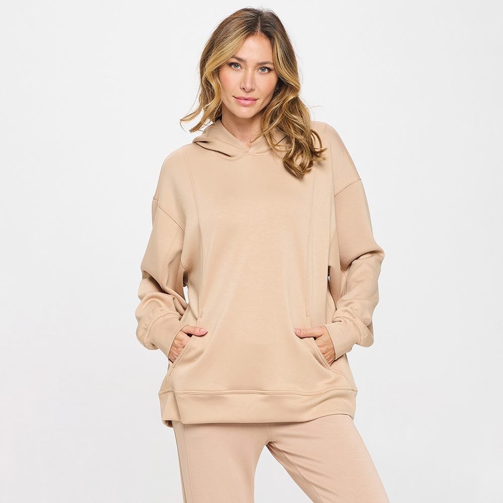 Women's Oversized UltraComfy Hoodie - Long Sleeves - Banded Sleeves - Pull Over - Scuba Fabric - Pockets on sides - Long Length - Imported - 40%Terylene 55%Rayon 5%Spandex view 2