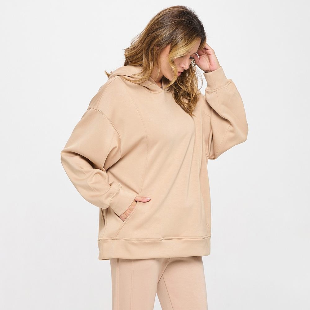 Women's Oversized UltraComfy Hoodie - Long Sleeves - Banded Sleeves - Pull Over - Scuba Fabric - Pockets on sides - Long Length - Imported - 40%Terylene 55%Rayon 5%Spandex view 4