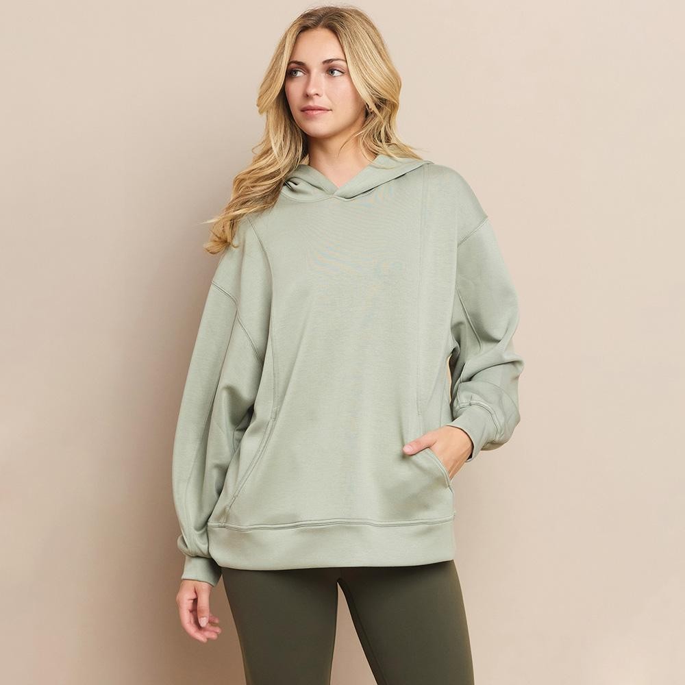 Women's Oversized UltraComfy Hoodie - Long Sleeves - Banded Sleeves - Pull Over - Scuba Fabric - Pockets on sides - Long Length - Imported - 40%Terylene 55%Rayon 5%Spandex view 2