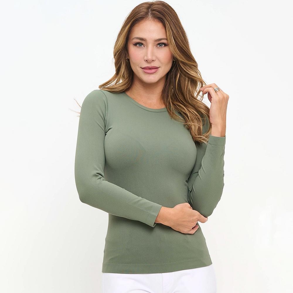 Women's Seamless Round Neck Long Sleeve Top •Crew Neckline •Seamless Construction •Fitted Design •Self Fabric Binding •92% Nylon, 8% Spandex view 2