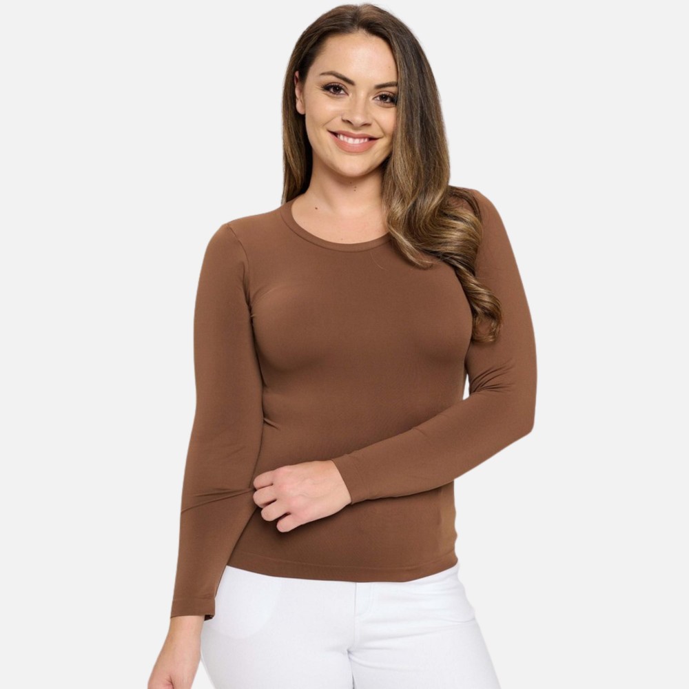 Women's Seamless Round Neck Long Sleeve Top •Crew Neckline •Seamless Construction •Fitted Design •Self Fabric Binding •92% Nylon, 8% Spandex view 4